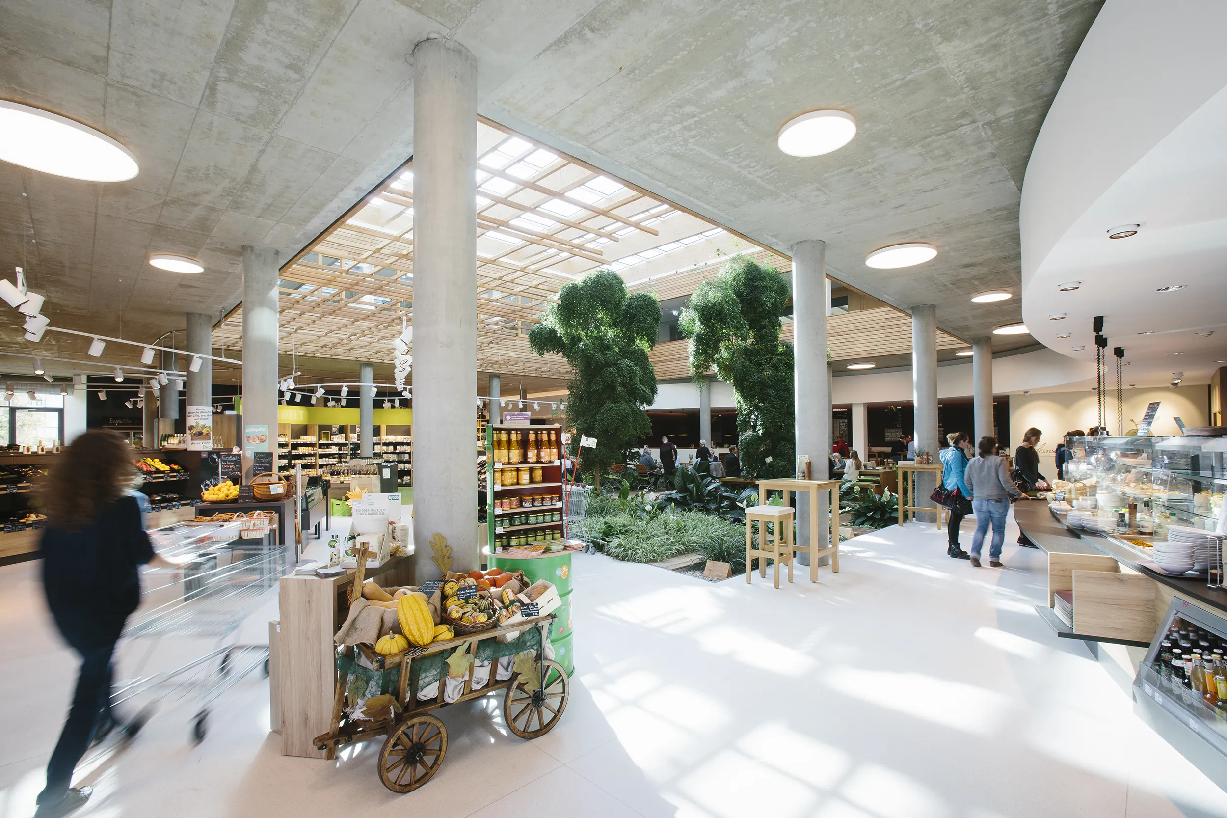 Blick zum Ladeneingang, der grünen Mitte und der Küche